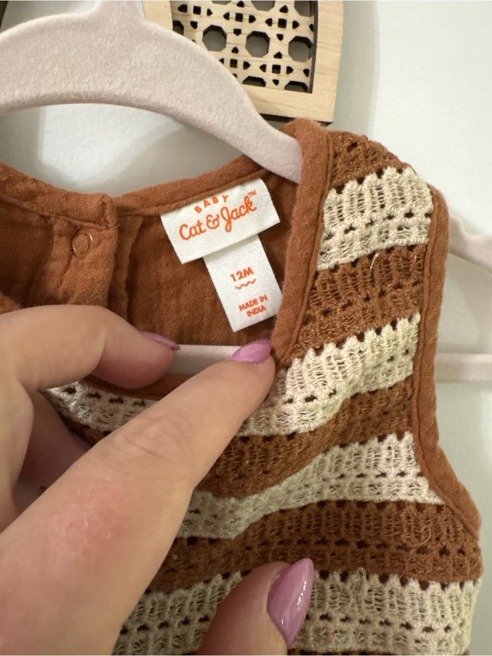 Cat & Jack Brown & Cream Crochet-Trim Baby Romper